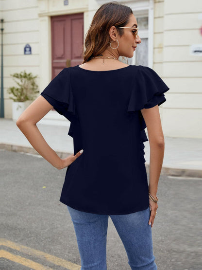 Ruffled V-Neck Short Sleeve TopRuffled V-Neck Short Sleeve Top

Introducing our elegant Ruffled V-Neck Short Sleeve Top, a must-have addition to your wardrobe for a touch of sophistication and styLove Salve -Neck Short Sleeve TopT-Shirts