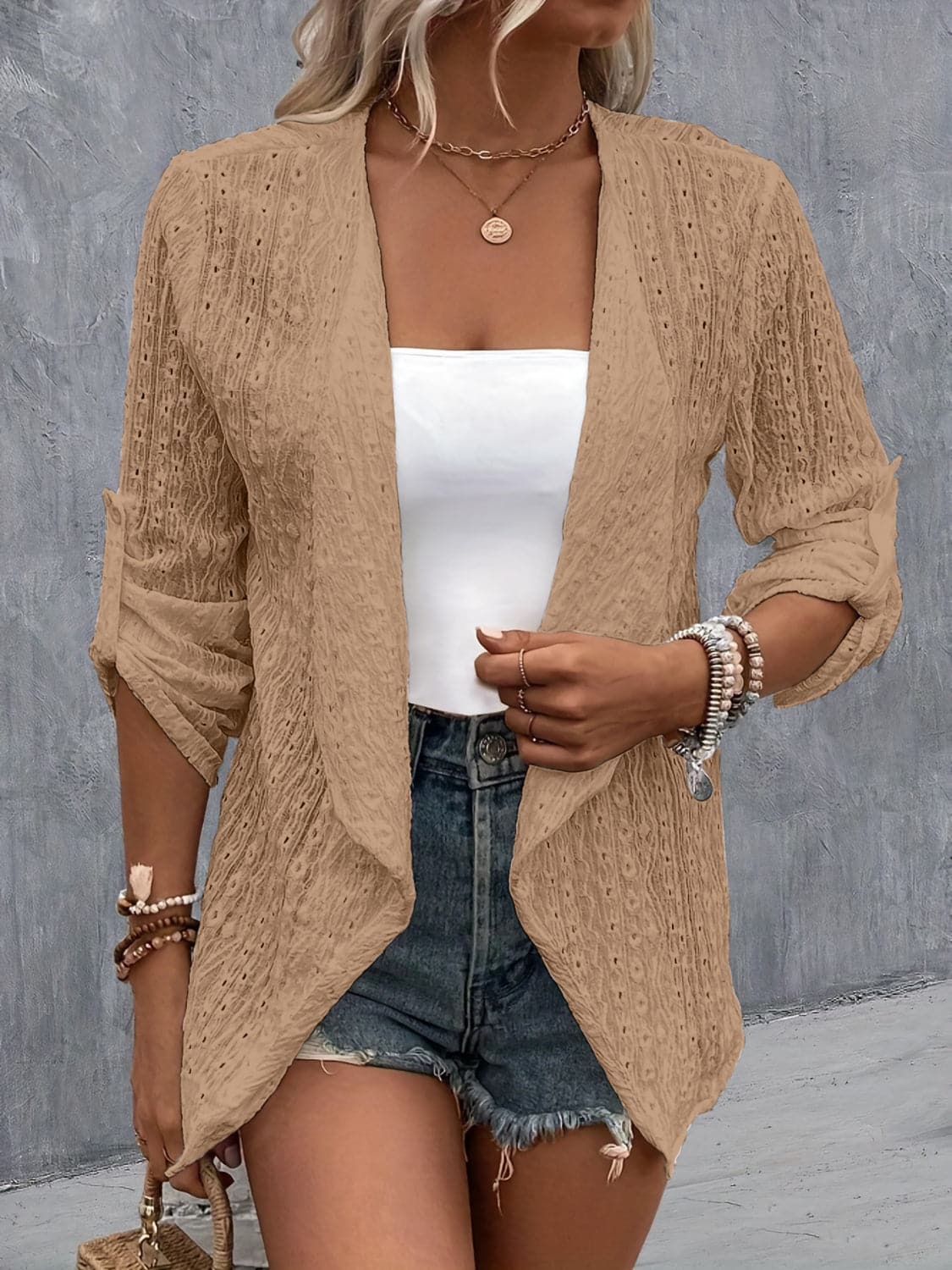 Eyelet Roll-Tab Sleeve Cardigan.