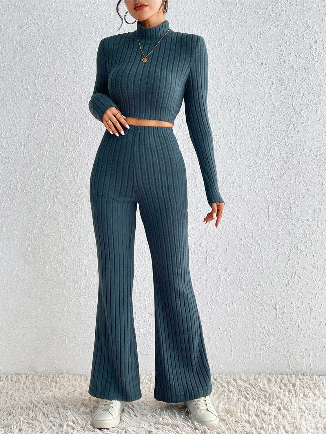 Ribbed Mock Neck Cropped Sweater & High Waist Pants Set.