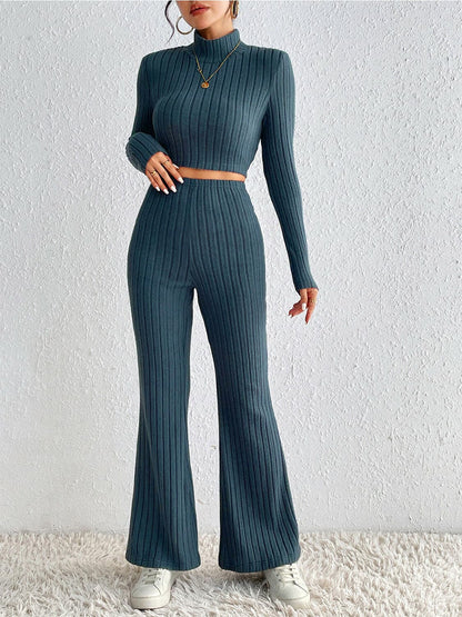 Ribbed Mock Neck Cropped Sweater & High Waist Pants Set.