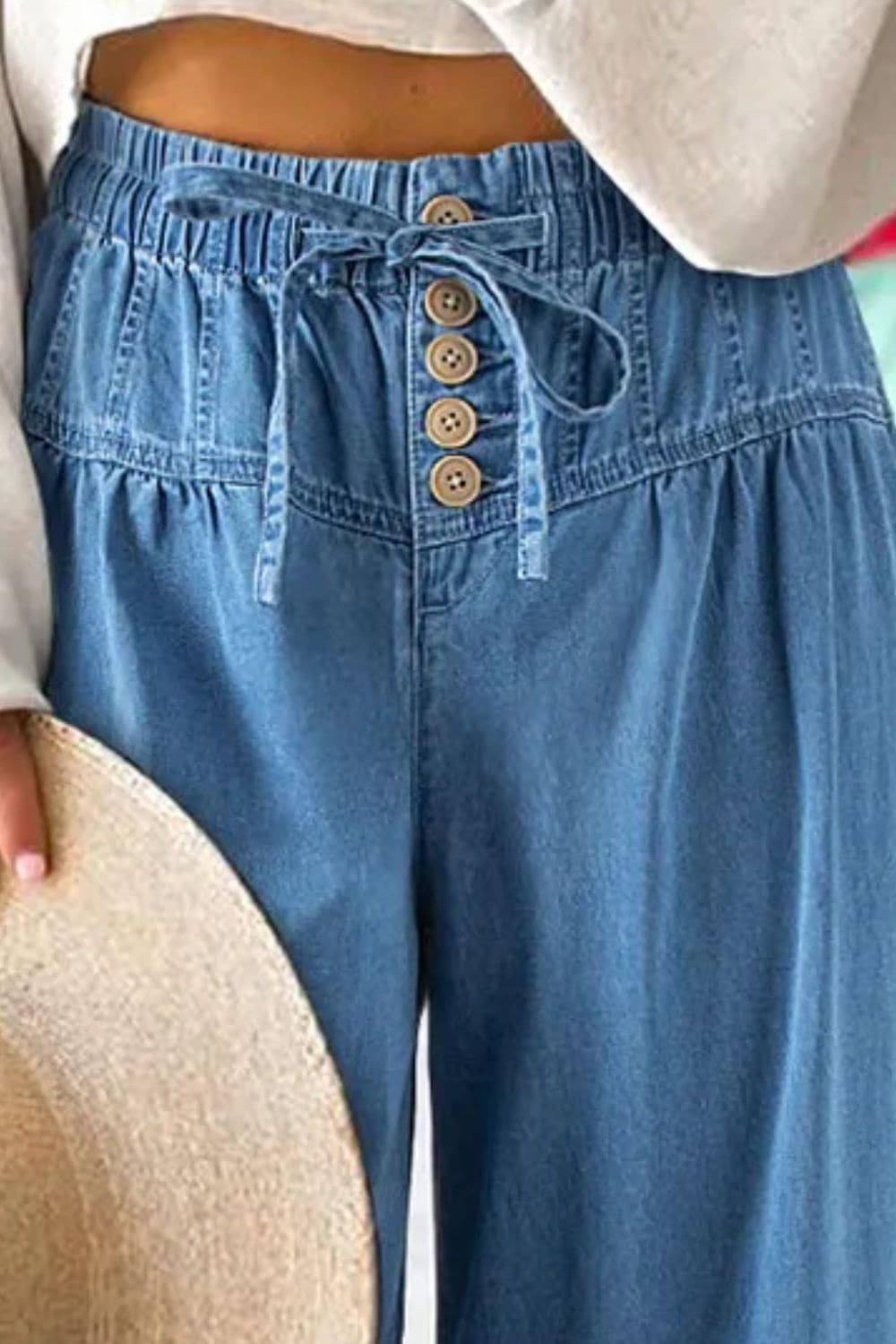 Drawstring Elastic Waist Wide Leg Jeans.