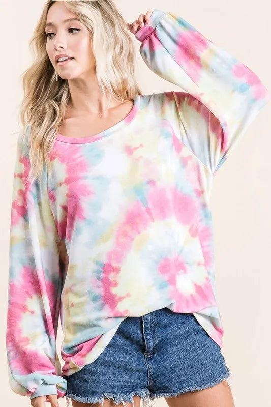 BiBi Tie Dye Print Terry Top With Puff Sleeves - Love Salve 