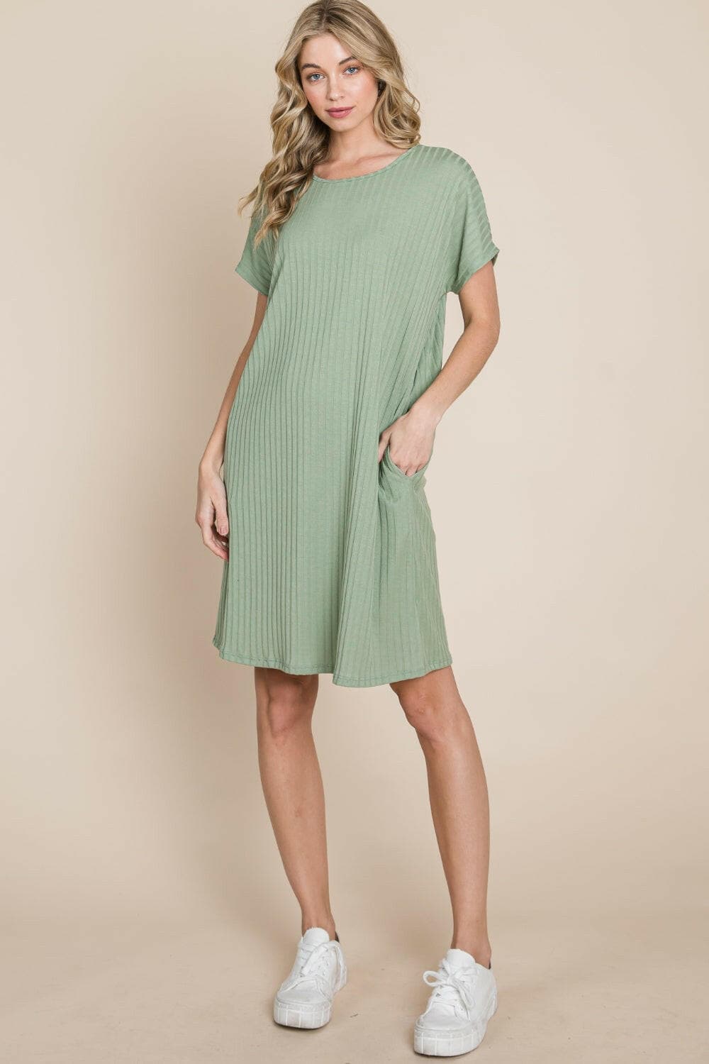 BOMBOM Ribbed Round Neck Short Sleeve Dress.