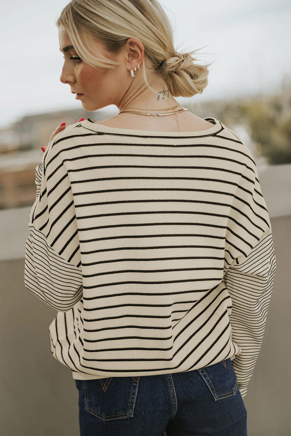 Chic black and striped patchwork long sleeve tee