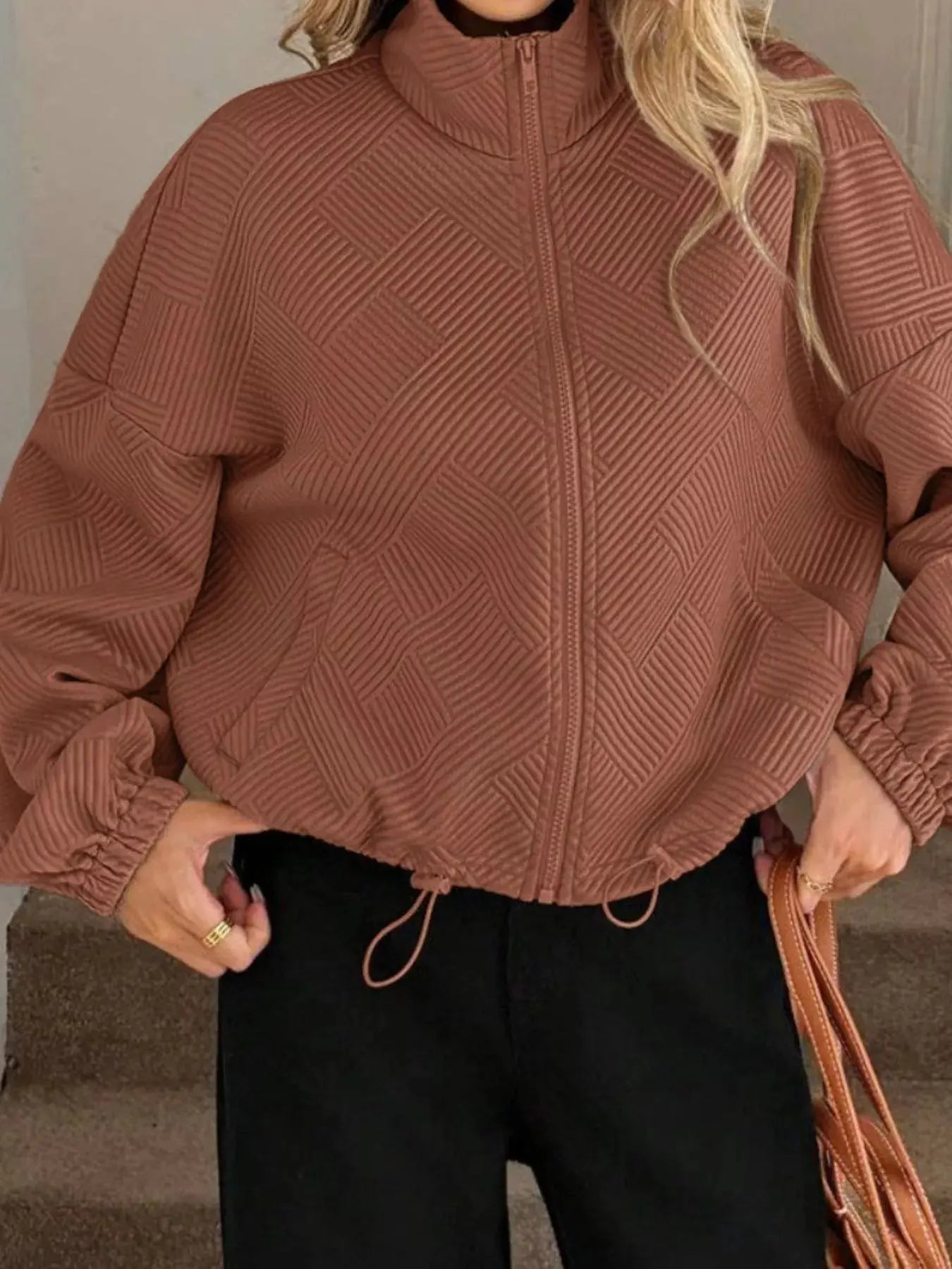Textured Zip-Up Drawstring Hem Jacket Simply Love