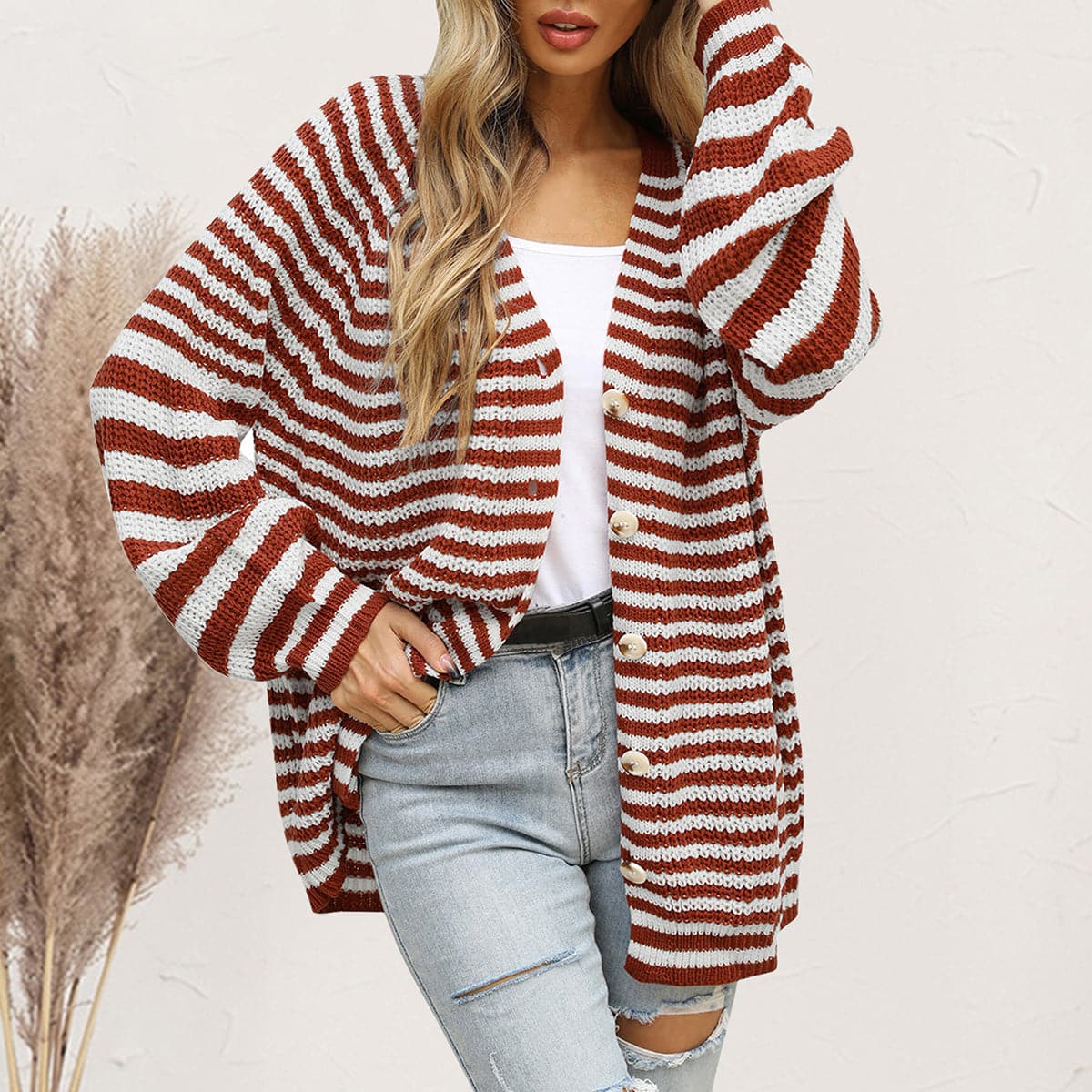 Striped Button Down Long Sleeve Cardigan.