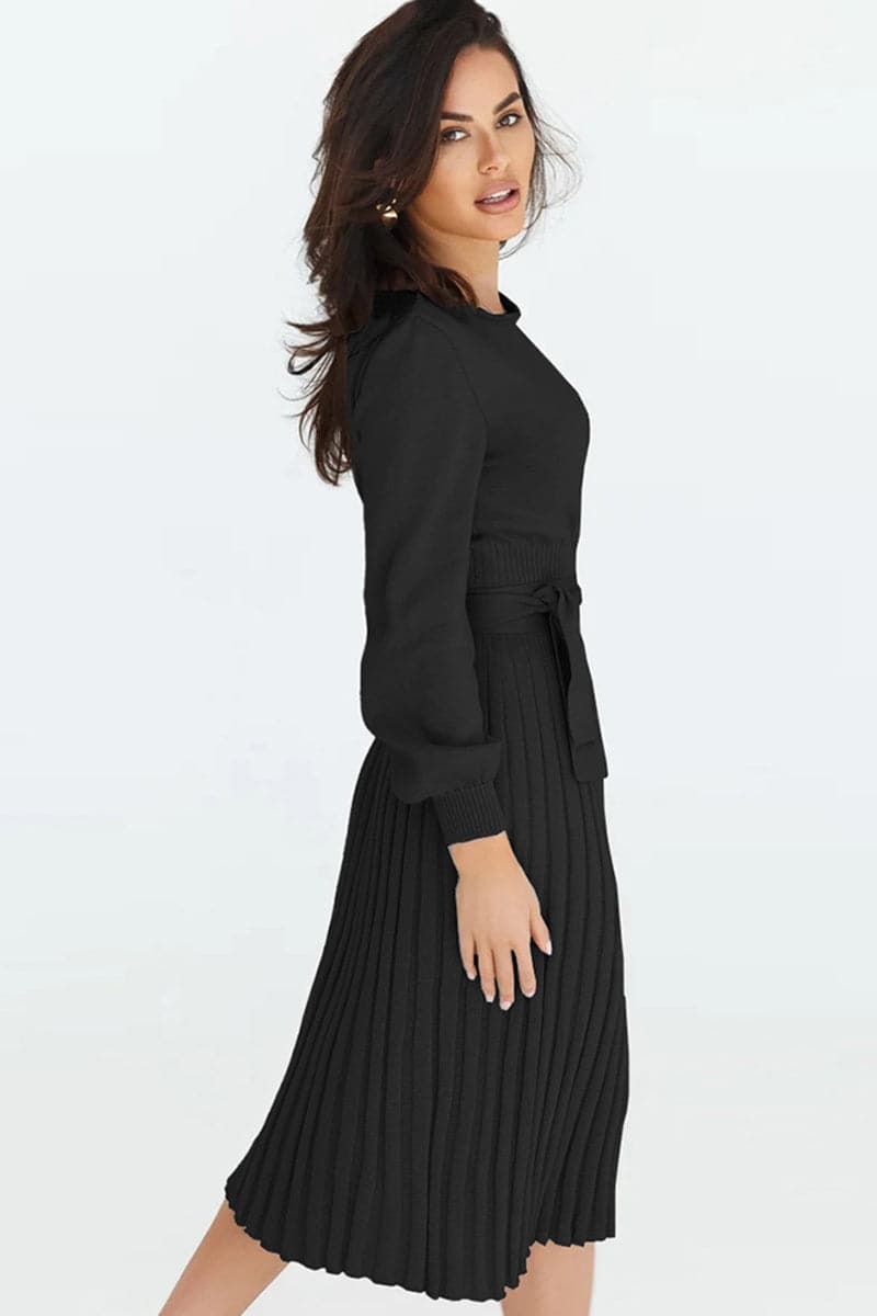 Round Neck Long Sleeve Pleated Sweater Dress.