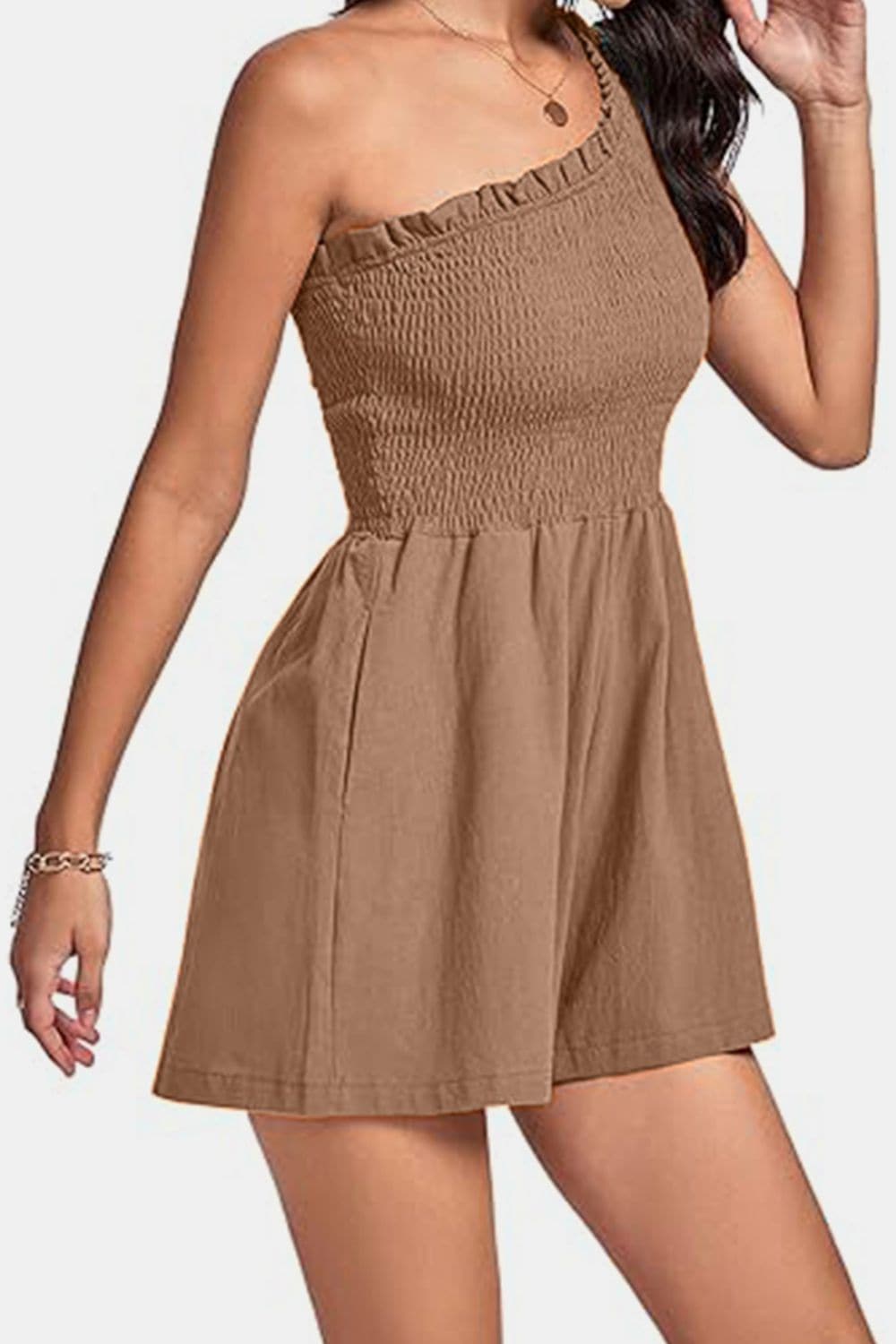 Smocked Single Shoulder Romper.