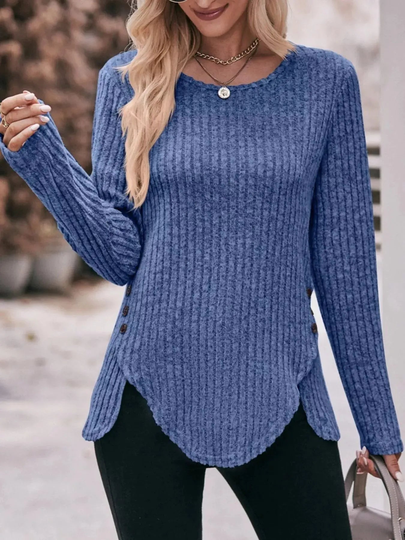 Ribbed Knit Long Sleeve T-Shirt Simply Love