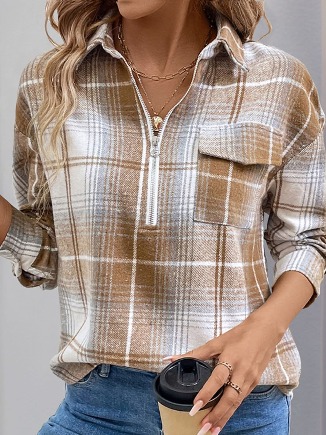 Plaid Half Zip Long Sleeve Top with Collared Neck and Pockets