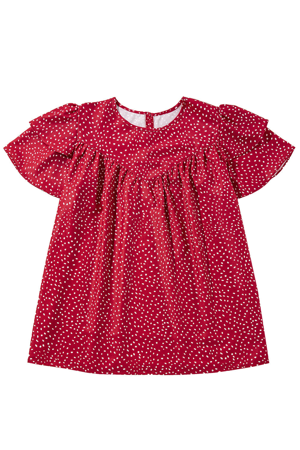 Fiery Red Spotted Print Pleated Ruffle Sleeve Blouse Divine Design4U