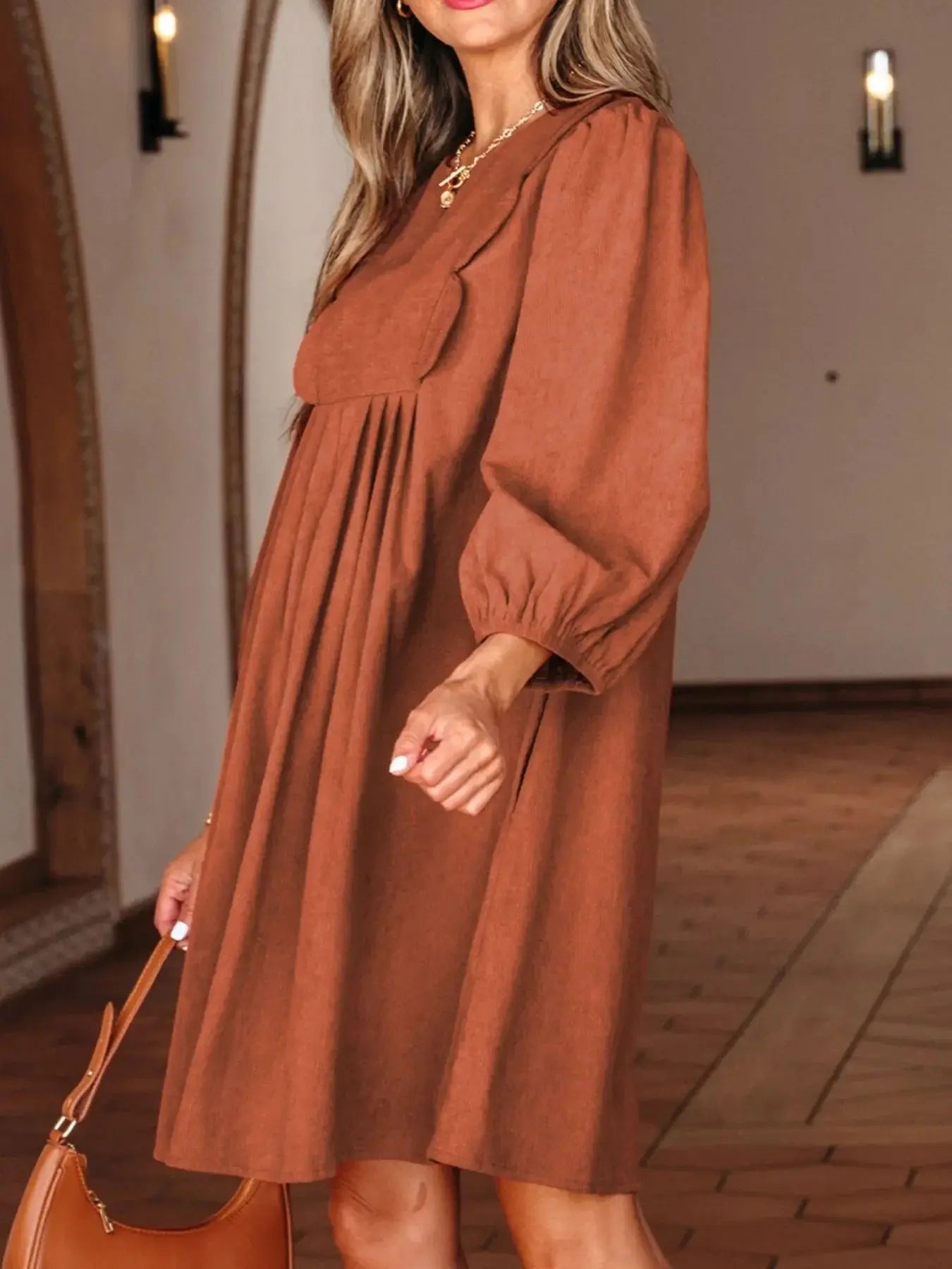 Split Neck Scallop Detail Corduroy Mini Dress Simply Love