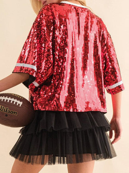 Sequin Football Round Neck Half Sleeve Top.