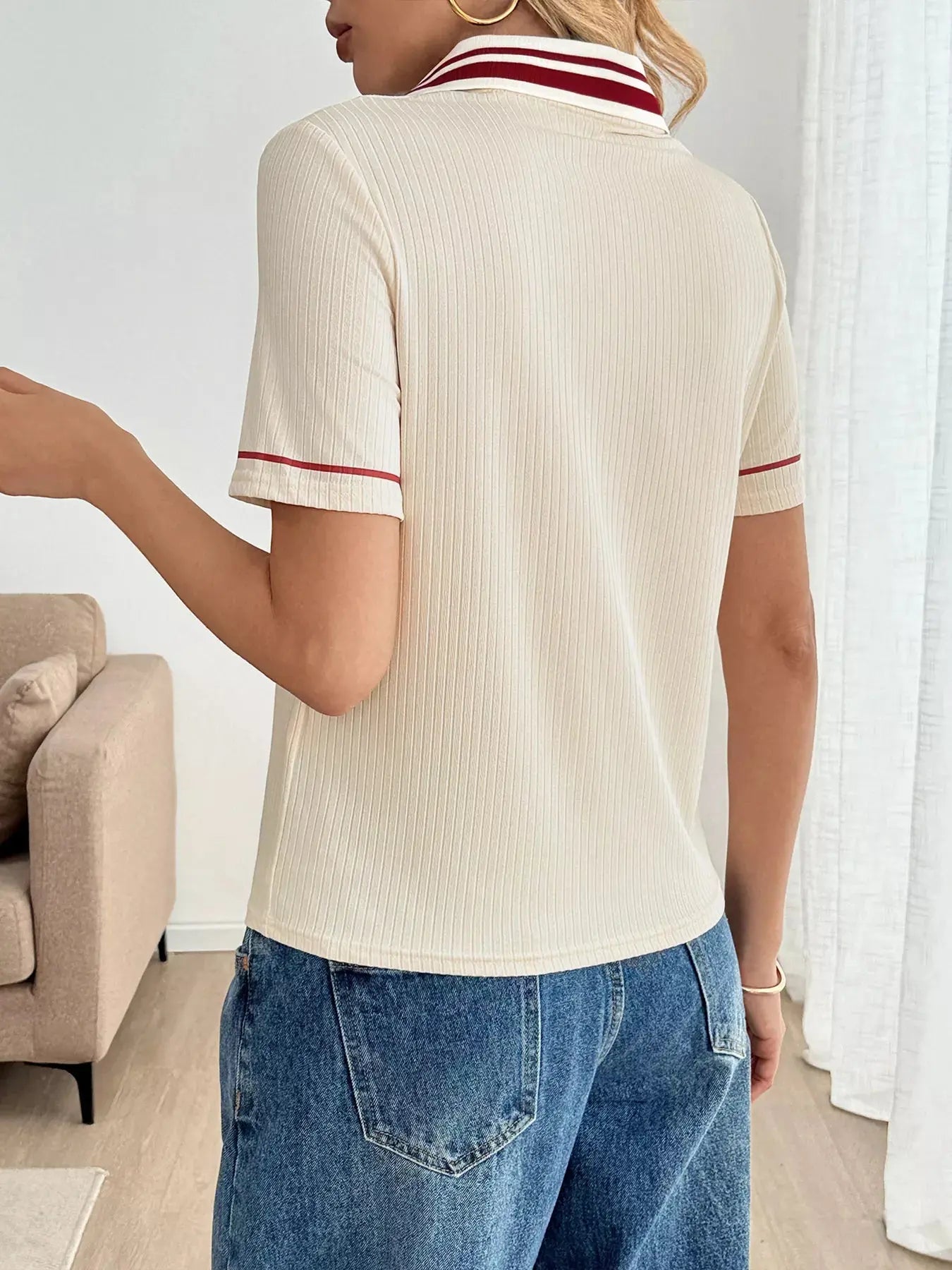 Striped Trim Short Sleeve Top Simply Love