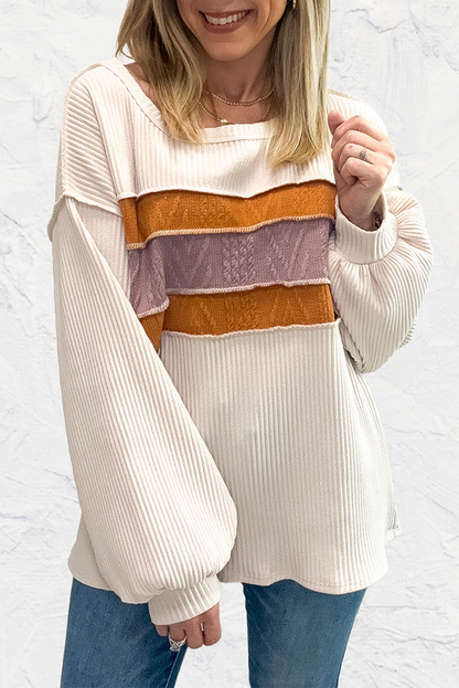 Chic white knit patchwork top with drop sleeves and exposed seams