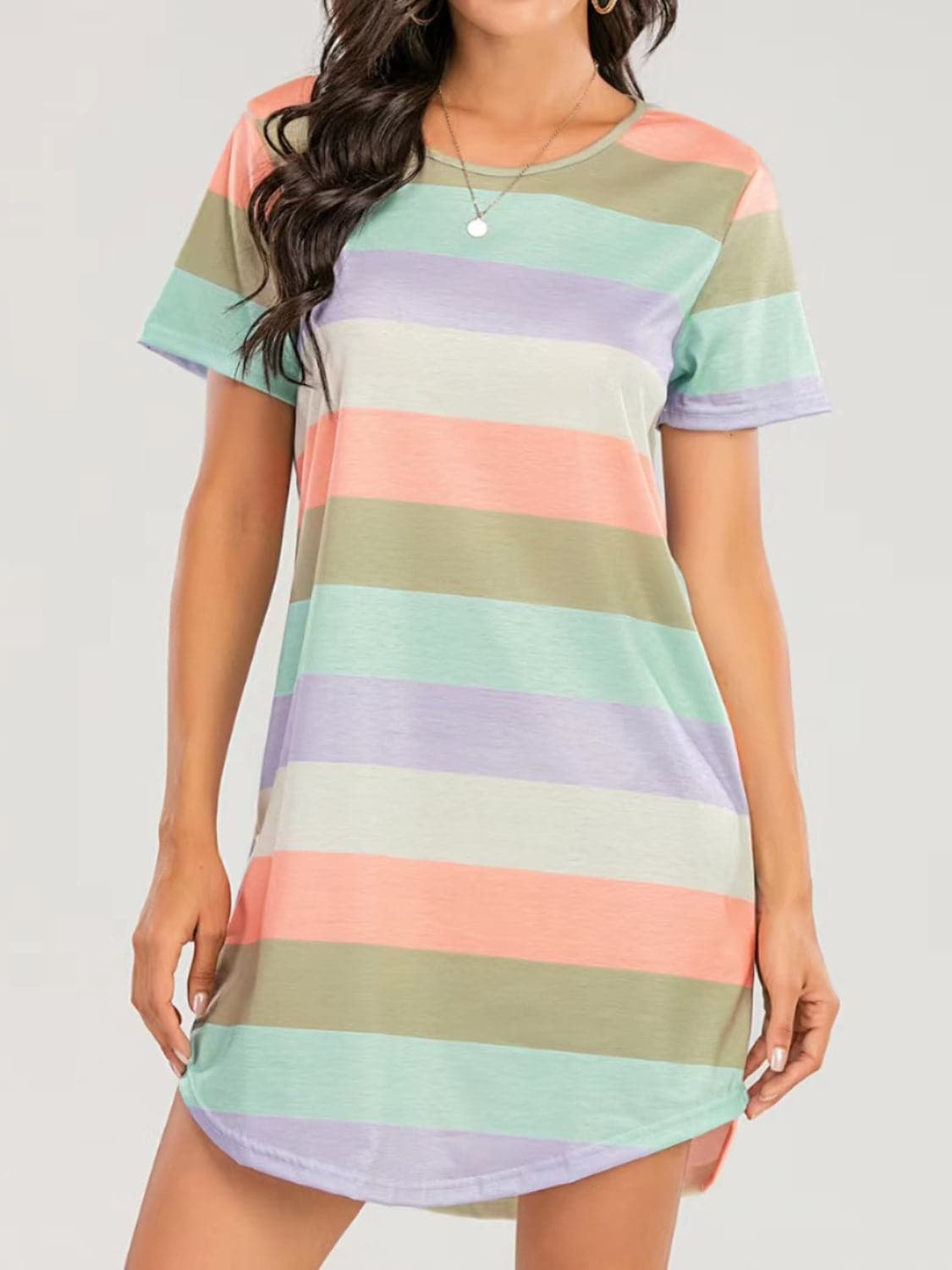 Striped Round Neck Short Sleeve Tee Dress.