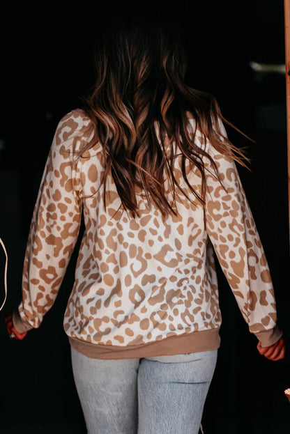 Khaki leopard print plus size boat neck long sleeve top