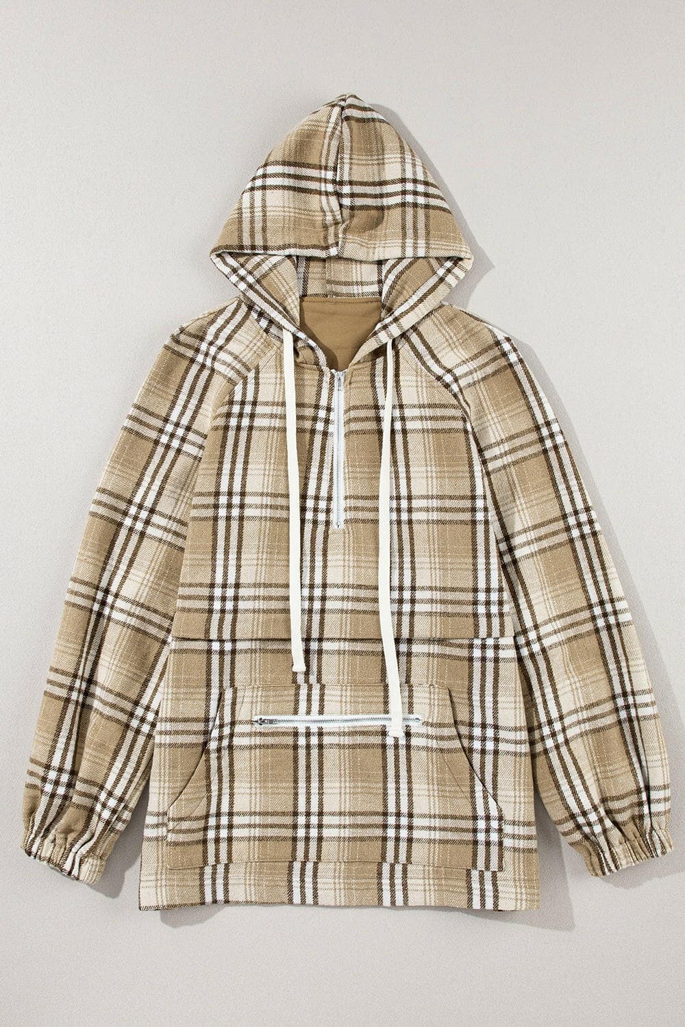 Drawstring Plaid Half Zip Raglan Sleeve Hoodie.