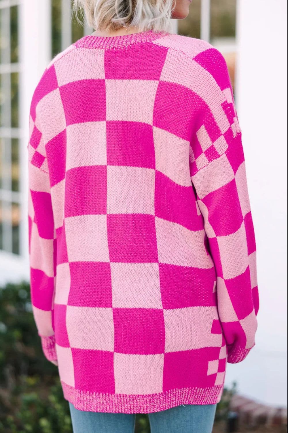 Checkered Open Front Long Sleeve Cardigan.