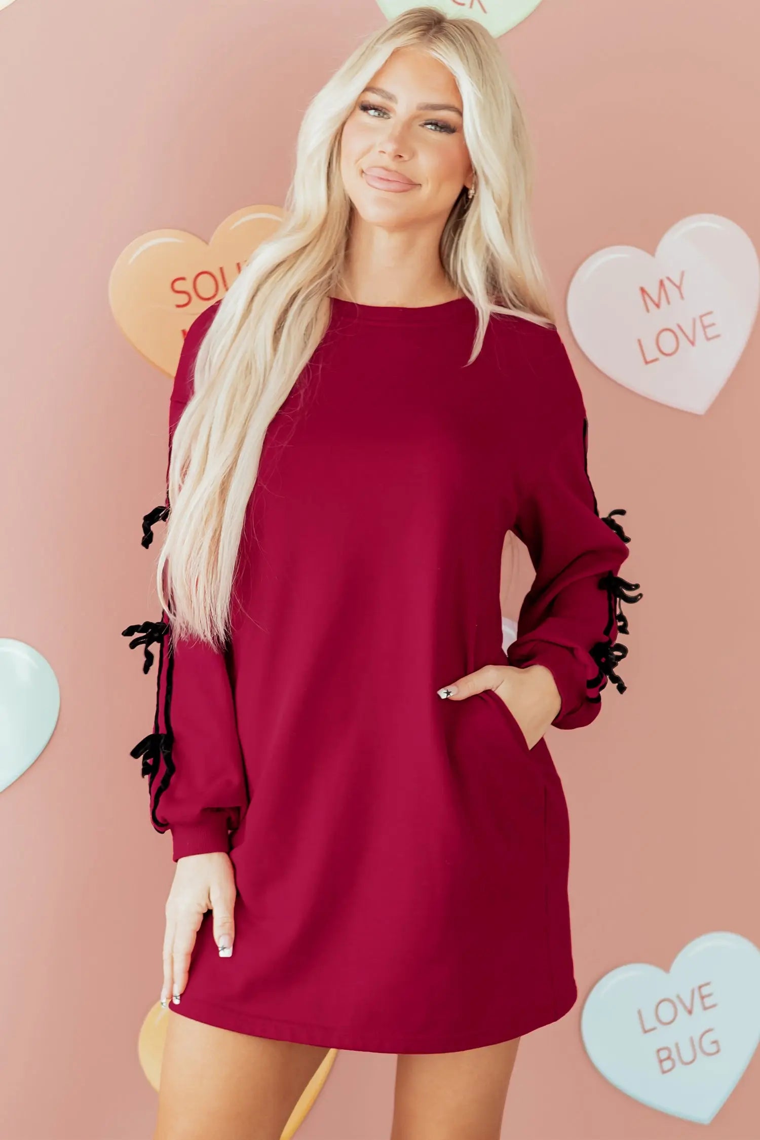 Racing Red Striped Bow Detail Drop Shoulder Sweatshirt Dress With Pockets Dear-Lover Dropshipping