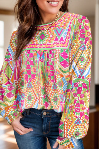 Chic geometric print long sleeve blouse with round neckline