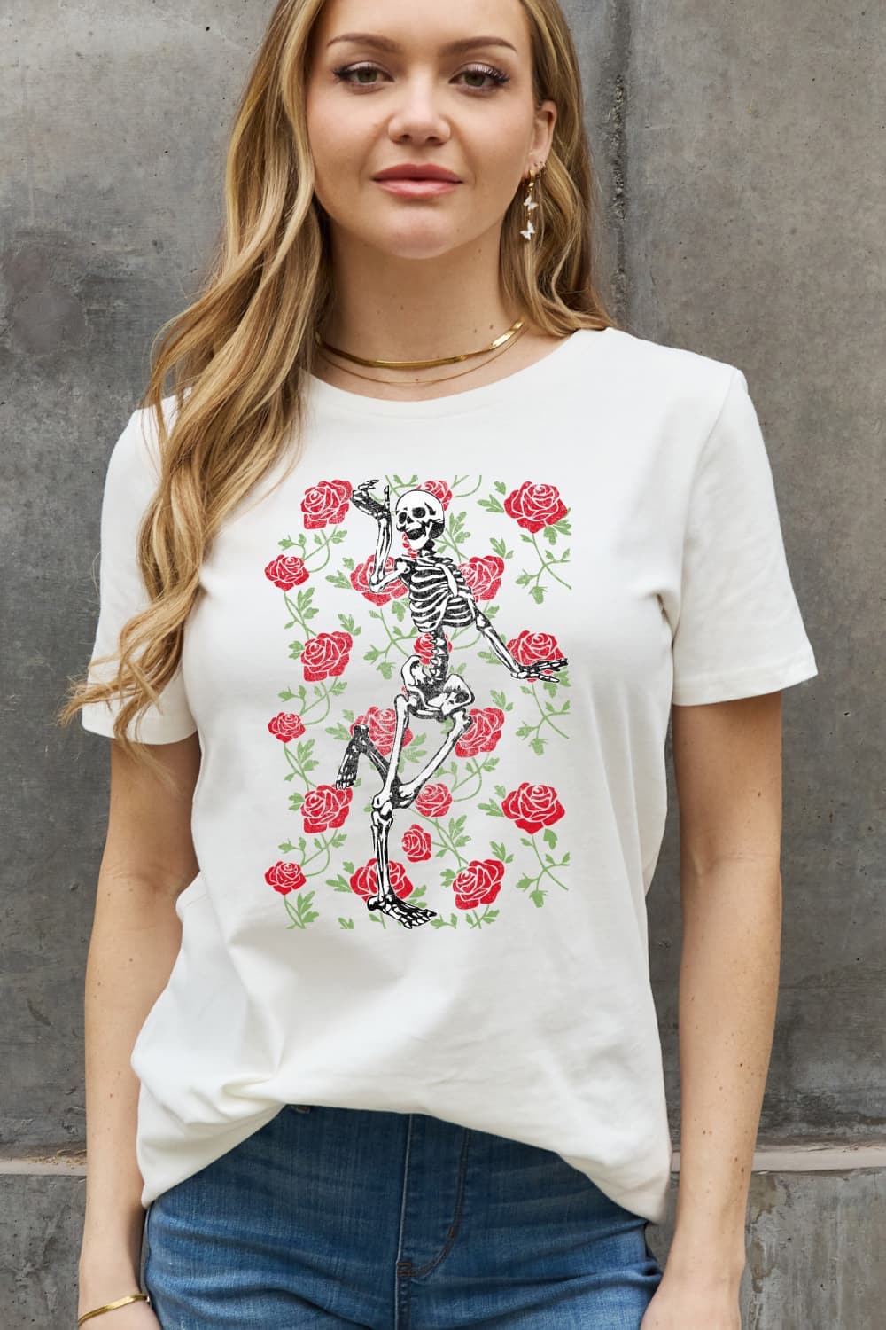 Skeleton rose cotton tee - casual style