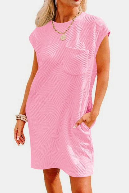 Textured Round Neck Cap Sleeve Dress.