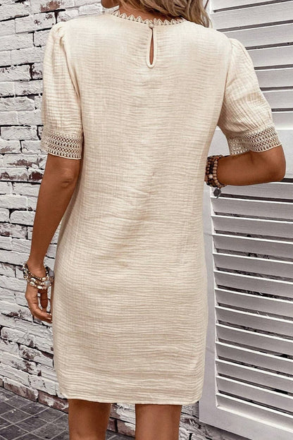 Lace Detail Round Neck Short Sleeve Mini Dress.