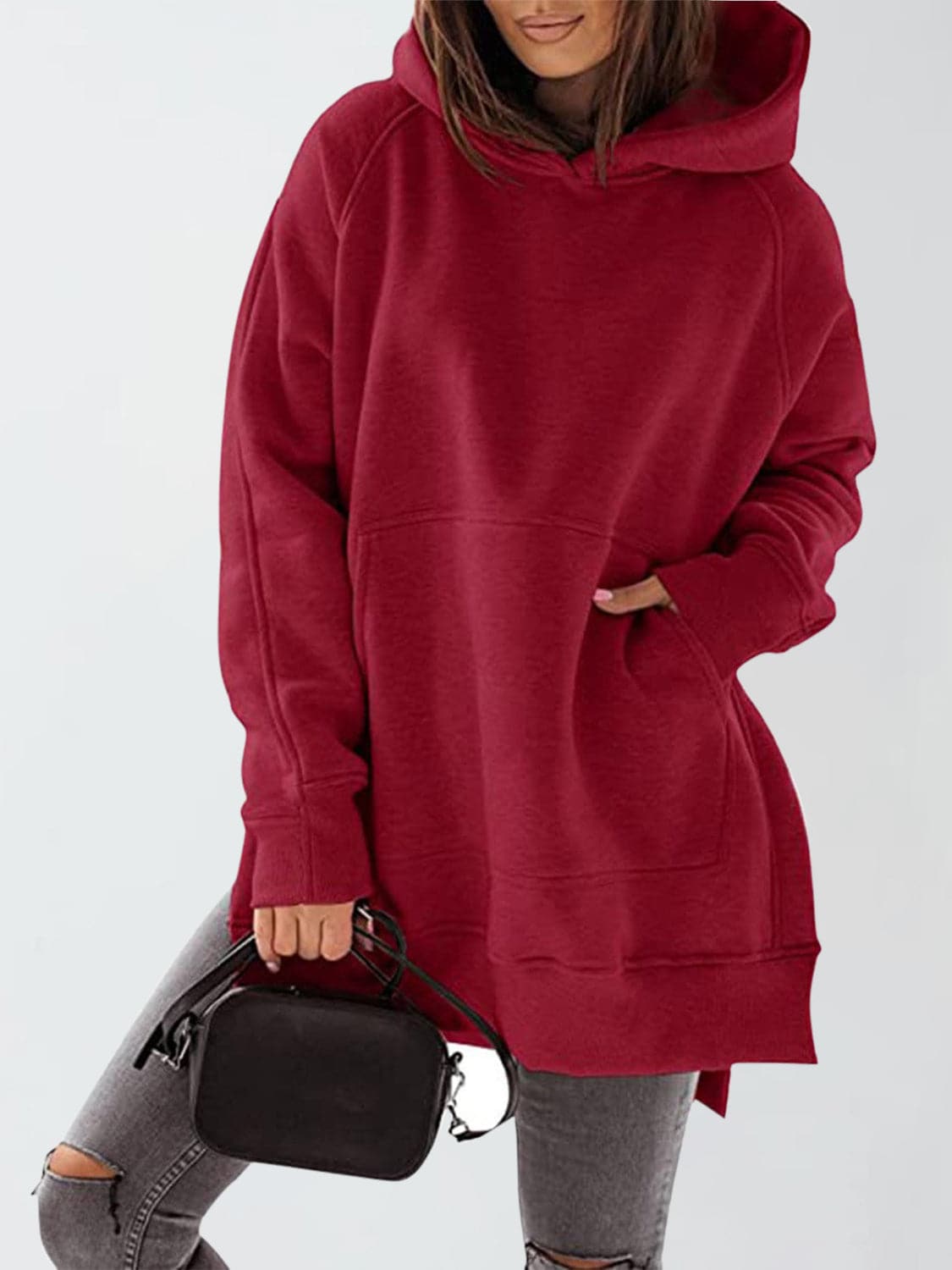 Slit Pocketed Raglan Sleeve Hoodie.