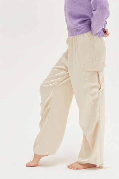 Satin Drawstring Cargo Pants with Elasticated Waist and Flap Pockets