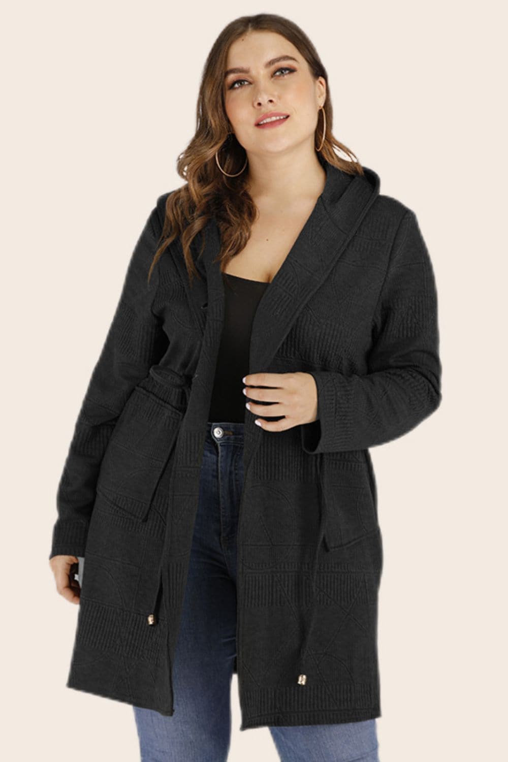 Plus Size Drawstring Waist Hooded Cardigan with Pockets.