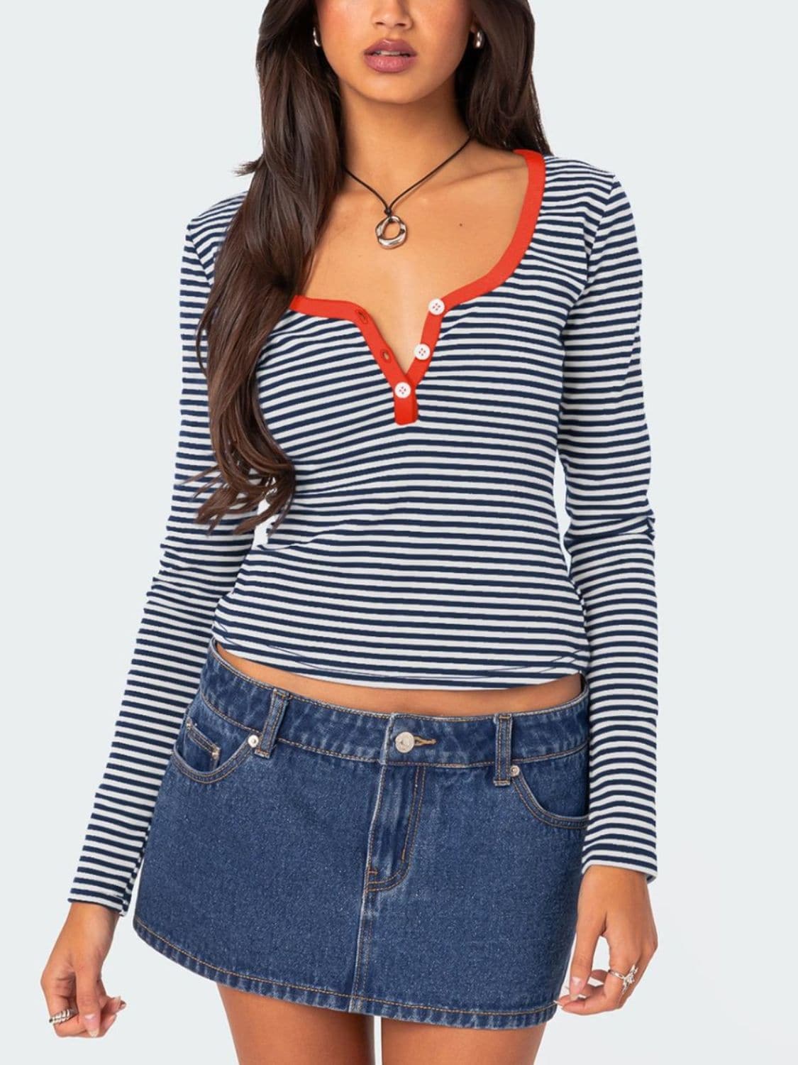 Button-up striped long sleeve tee