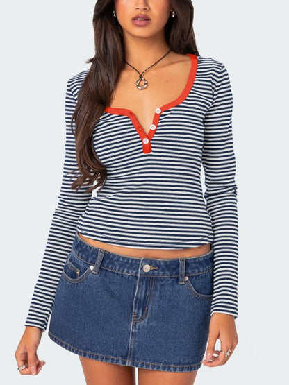 Striped button-up long sleeve tee