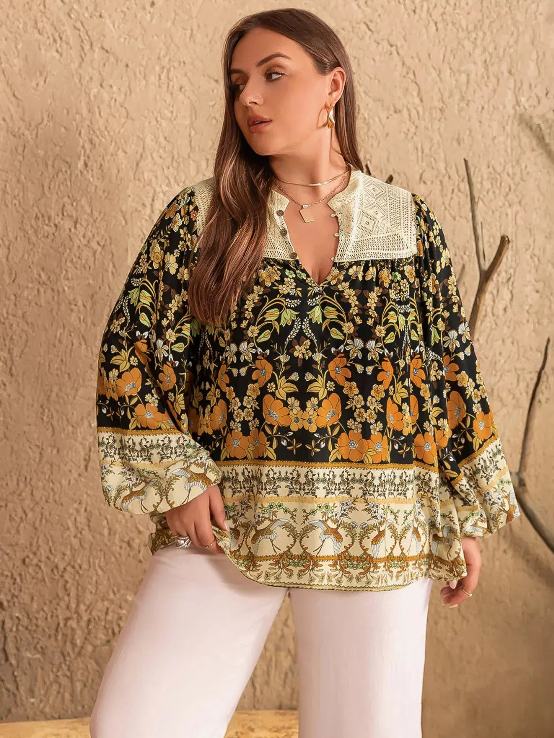 Plus Size Floral Print Notched Blouse Simply Love