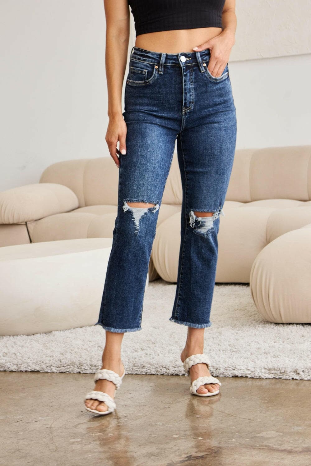 RFM Full Size Tummy Control Distressed High Waist Raw Hem Jeans.