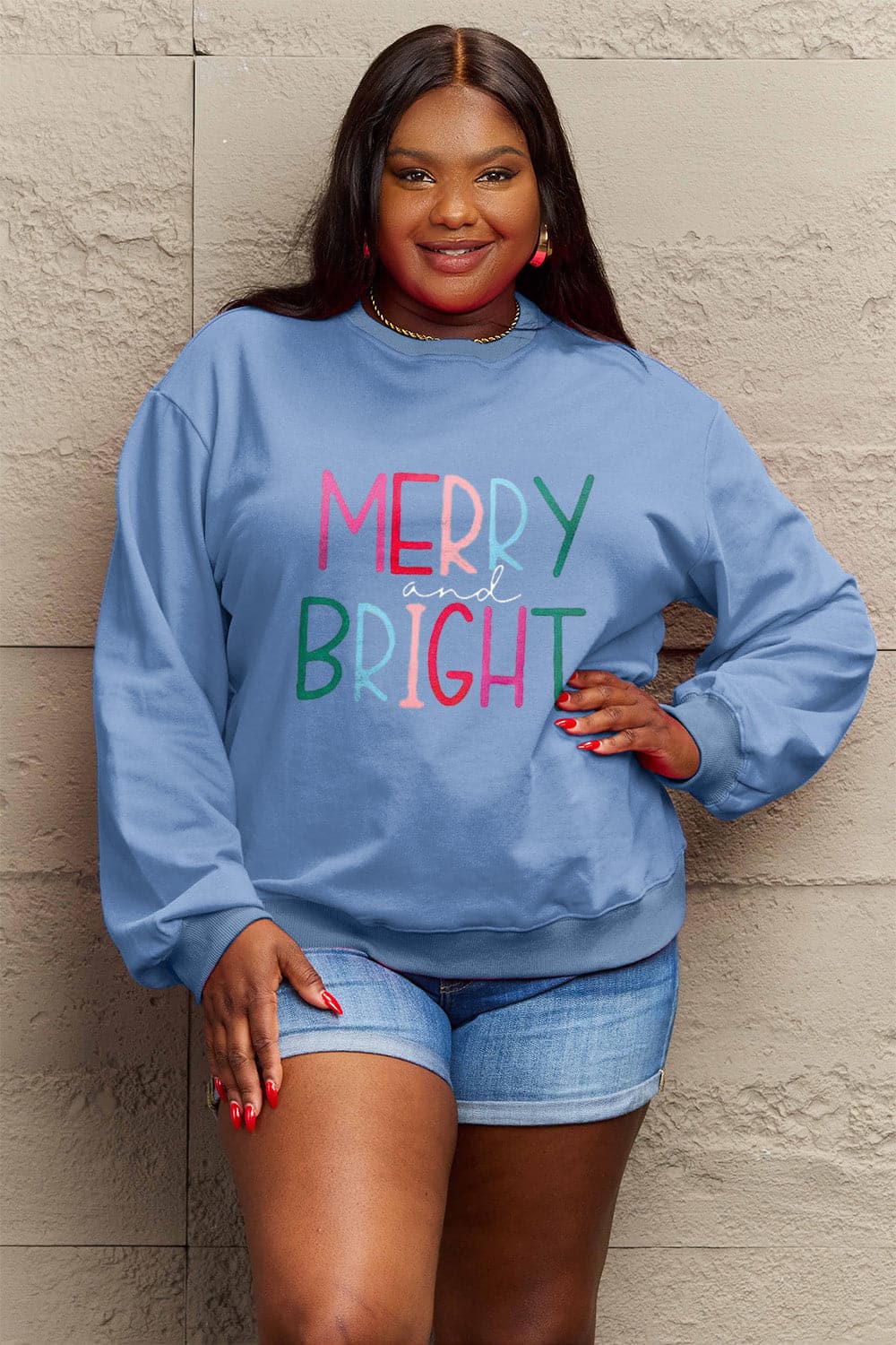 Simply Love Full Size MERRY AND BRIGHT Graphic Sweatshirt.