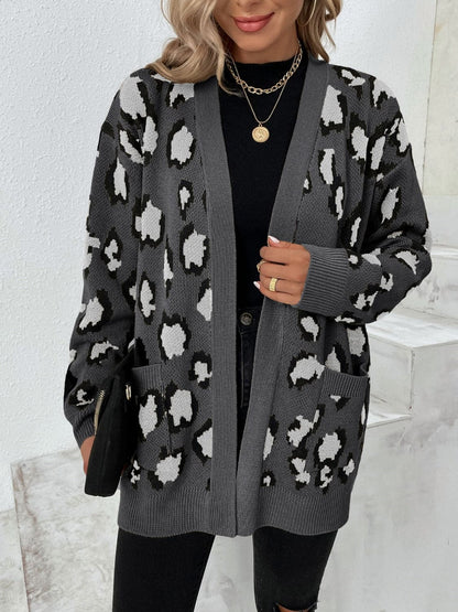 Leopard Open Front Dropped Shoulder Cardigan.