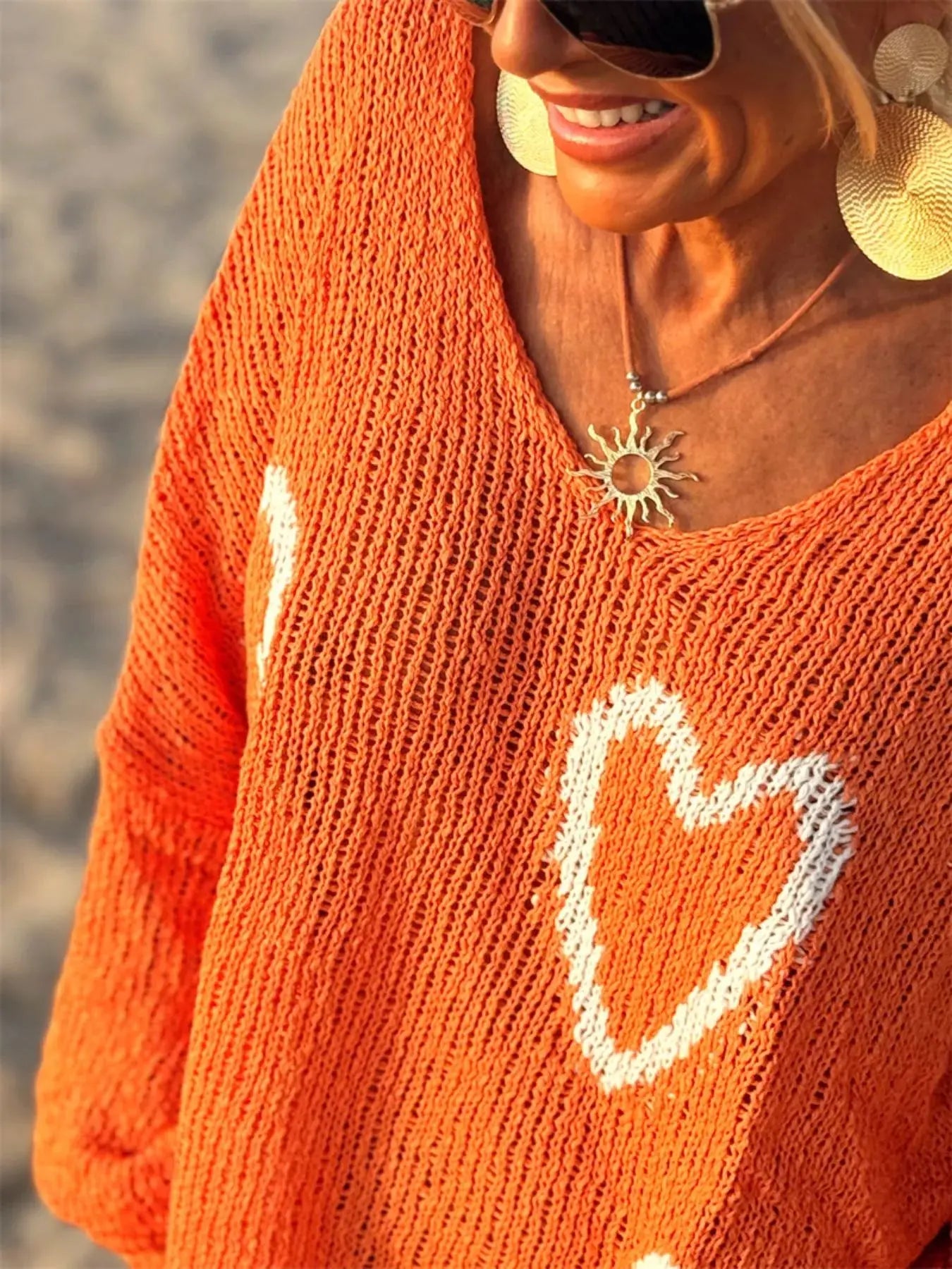 Heart V-Neck Dropped Shoulder Sweater Simply Love