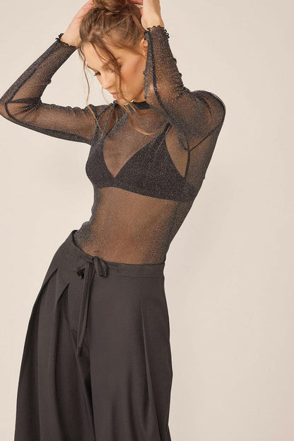 Idem Ditto Sparkling Glitter Long Sleeve Sheer Top.