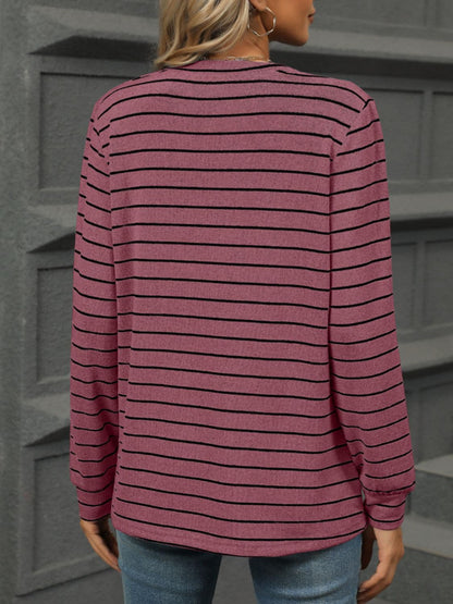 Striped Notched Long Sleeve T-Shirt.