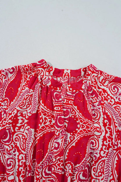 Paisley Print Side Slit Puff Sleeve High Waist Maxi Dress