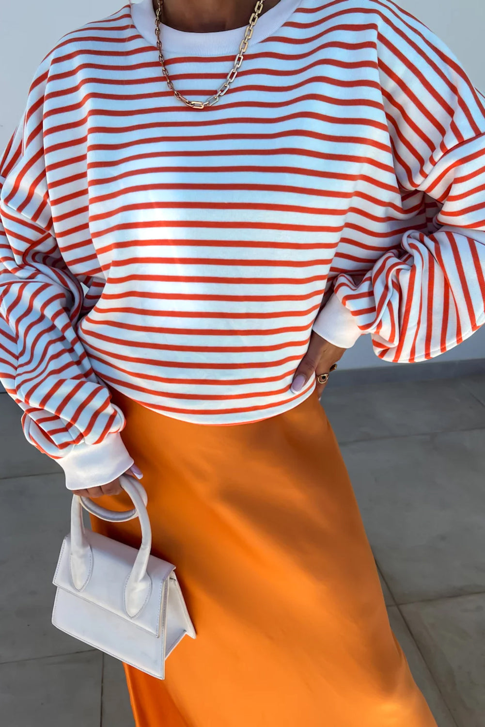 Chic orange stripe oversized crew neck sweatshirt