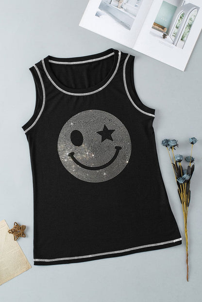 Rhinestone Smile Face Round Neck Tank.