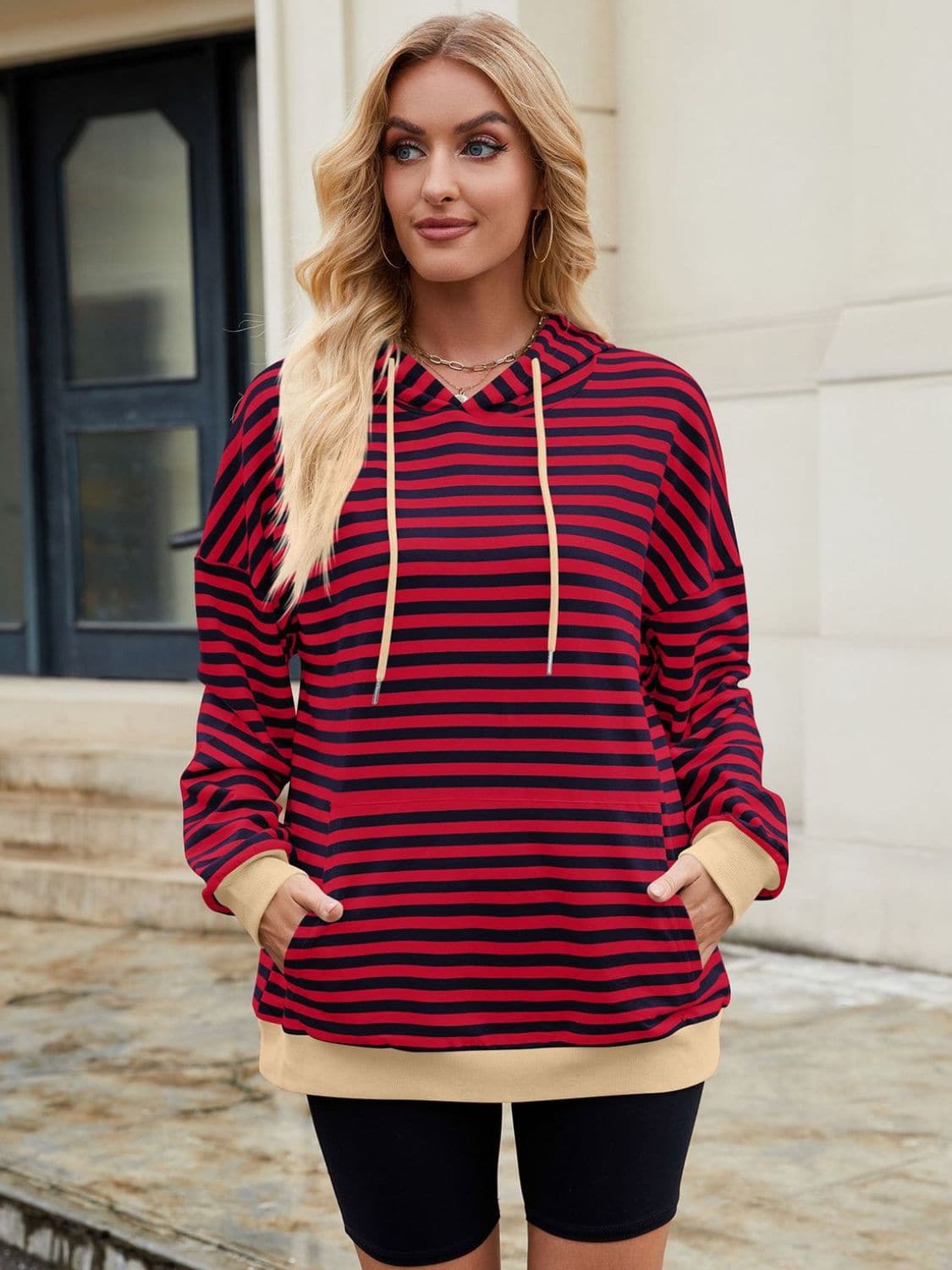 Contrast Striped Hoodie with Pockets