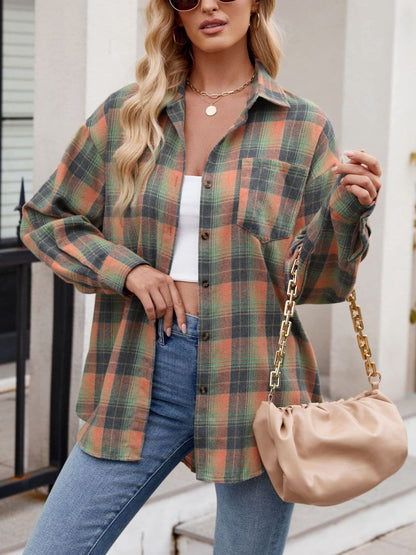 Plaid Collared Neck Long Sleeve Shirt.