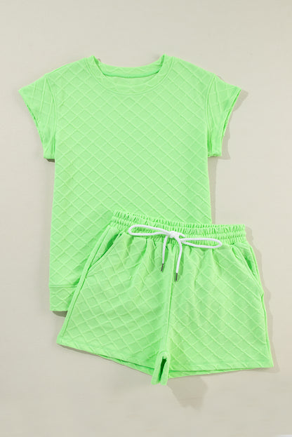 Light green checkered textured tee paired with comfy drawstring shorts