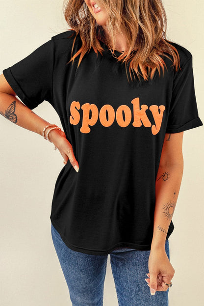 SPOOKY Round Neck Short Sleeve T-Shirt.