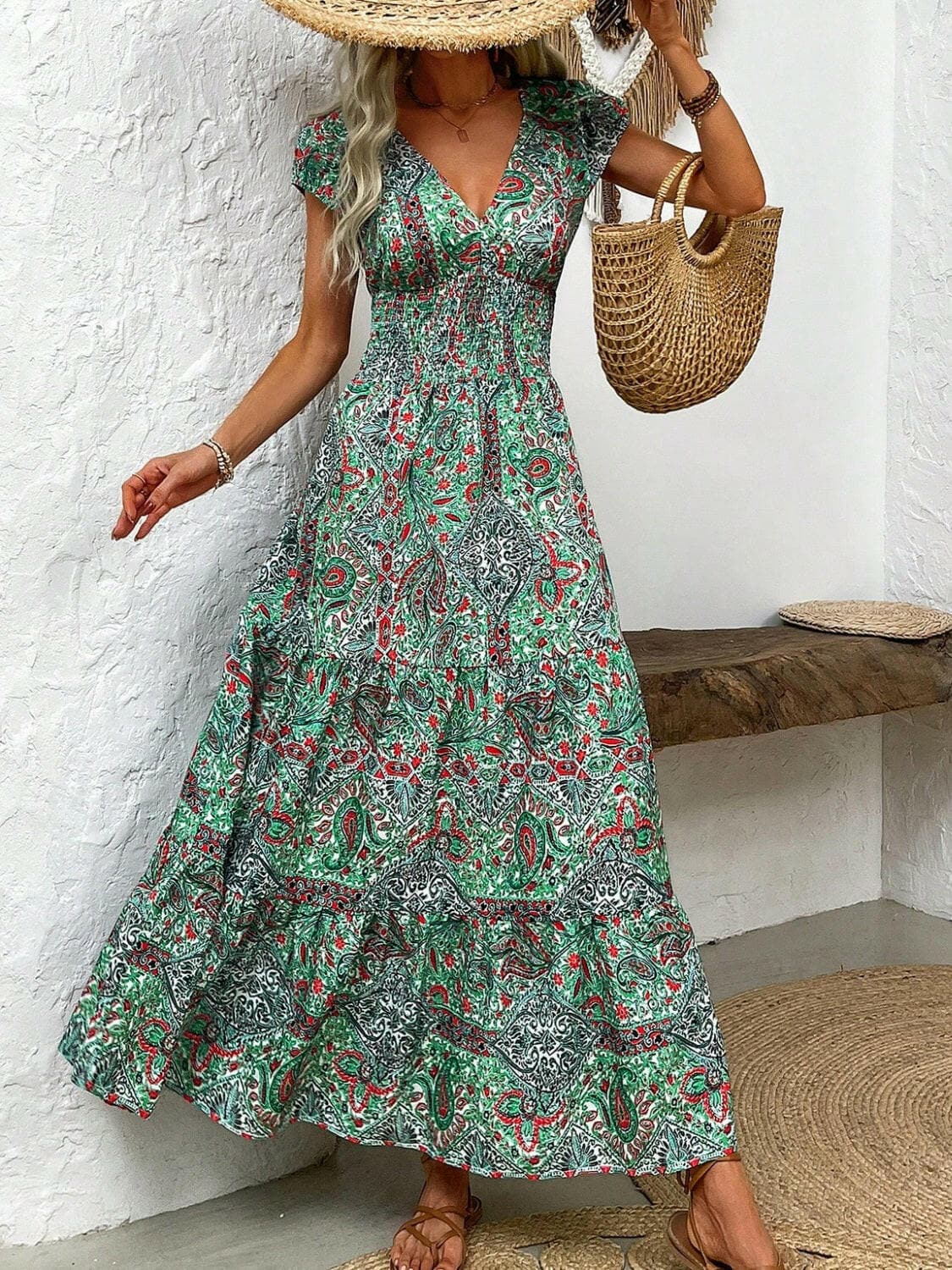 Smocked Printed Cap Sleeve Midi Dress.