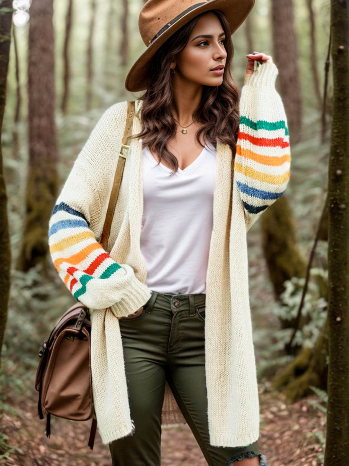 Striped Open Front Long Sleeve Cardigan.