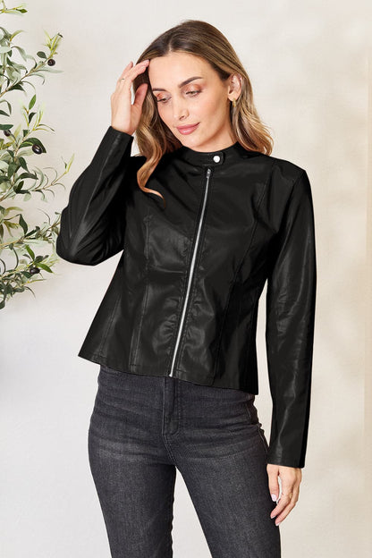 Chic mock neck zip-up jacket, black, button detail, polyester-spandex blend.